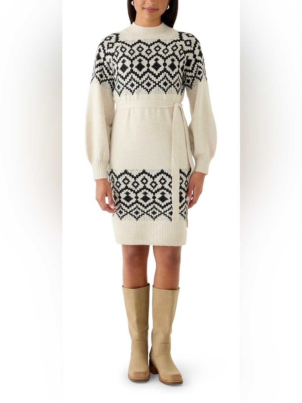 LUCKY BRAND Women’s Cream Fair Isle Sweater Dress with Belt.